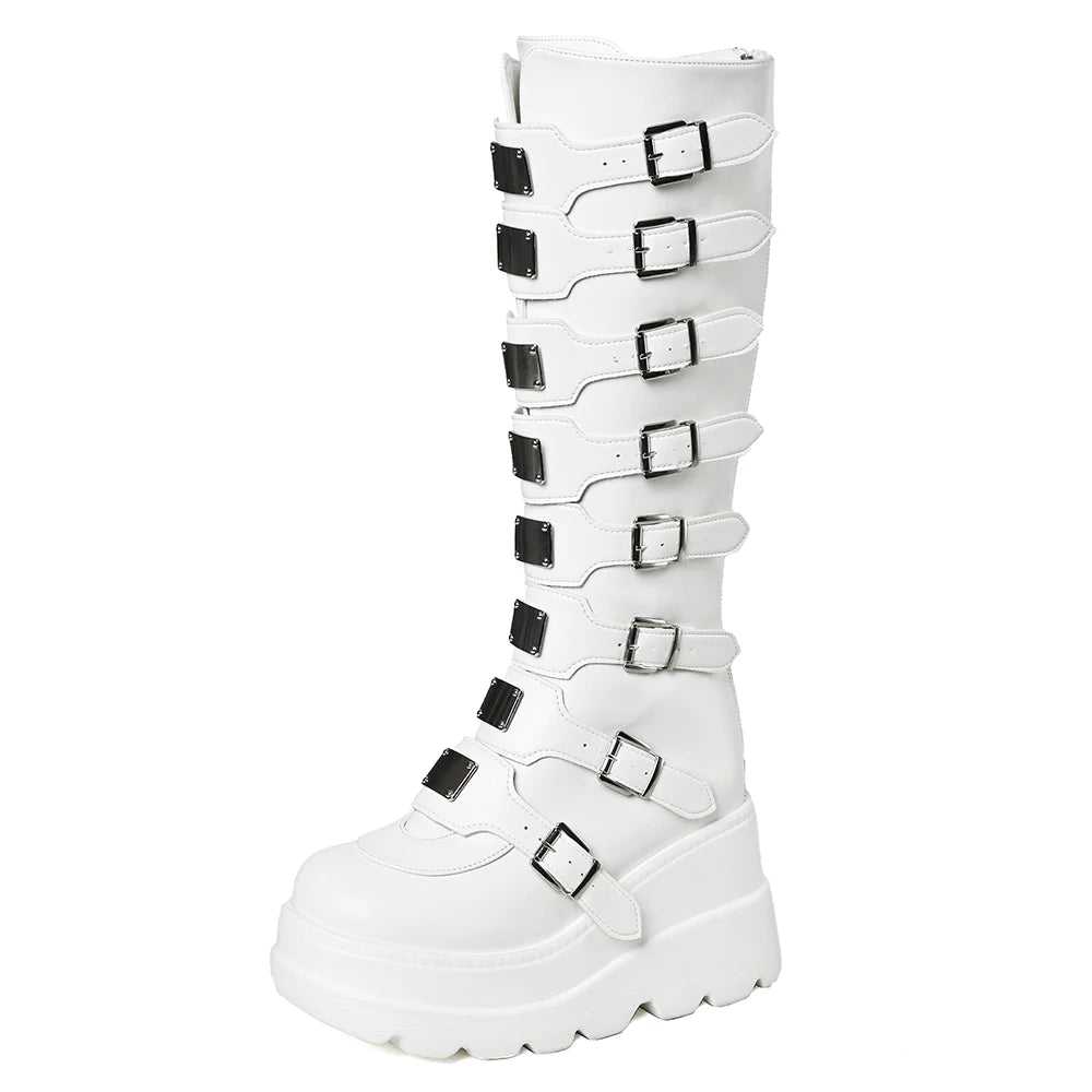 Goth Metal Buckle Combat Mid-Calf Boots For Women Round Toe Platform Chunky High Wedges