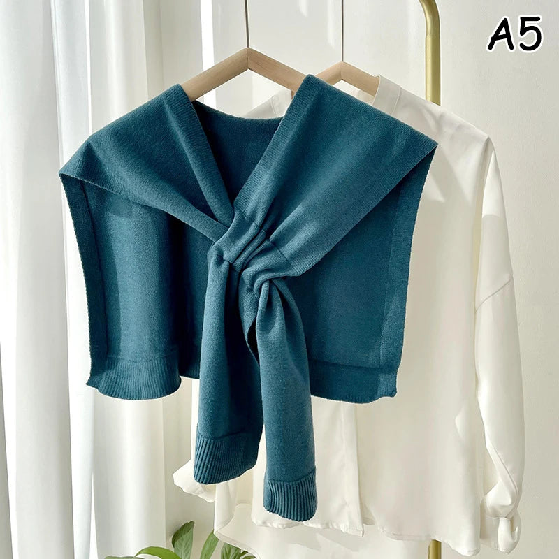 Neck Guard Scarf Solid Color Woman's Knitted Warm Shawl Winter Wool  Shoulders Fake Collar Cape Knotted Scarf