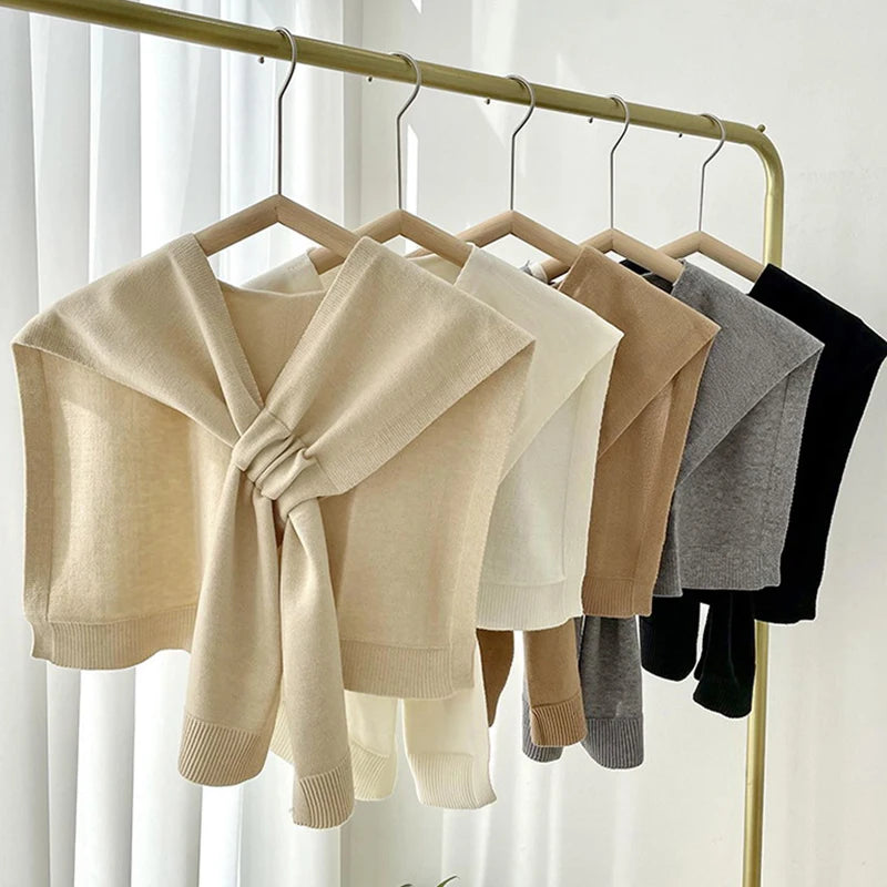 Neck Guard Scarf Solid Color Woman's Knitted Warm Shawl Winter Wool  Shoulders Fake Collar Cape Knotted Scarf