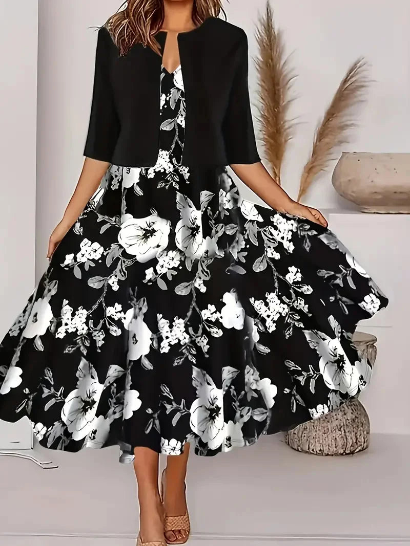 Europe and United States  women's dress two-piece floral and geometric print dress leisure holiday women's wear