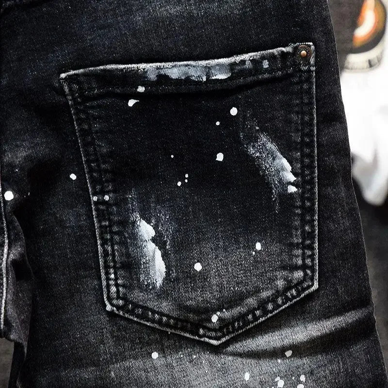 Luxury Brand Designer Clothes  Casual Denim Knee-Length Shorts  Fashion Black Patches Paint Jeans Shorts
