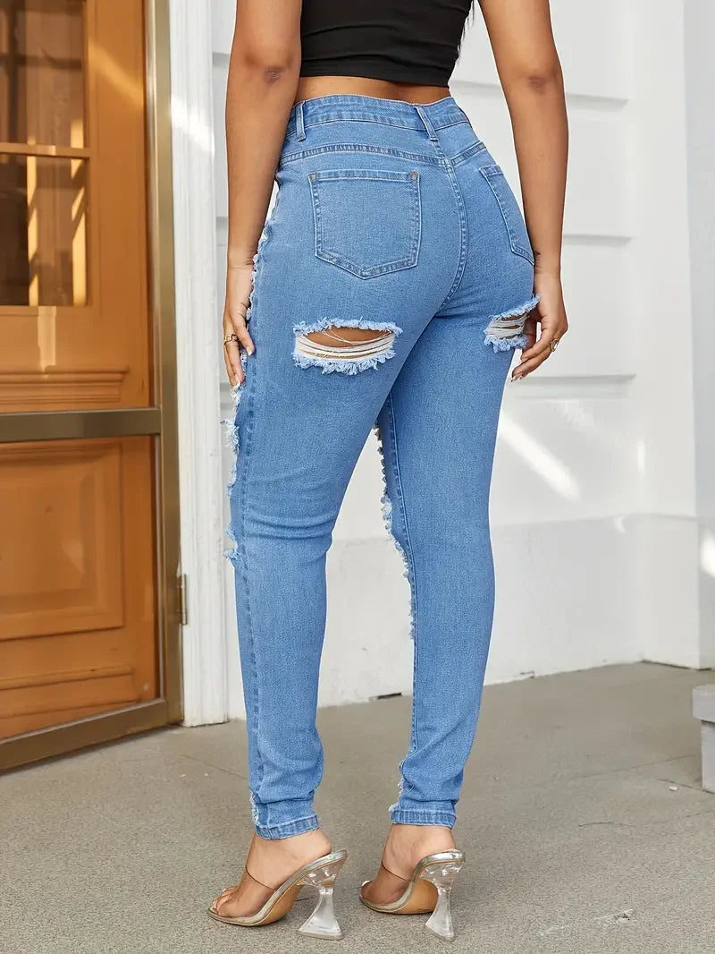 Women Casual Ripped Skinny Jeans Pocket  Stretchy Denim Pants