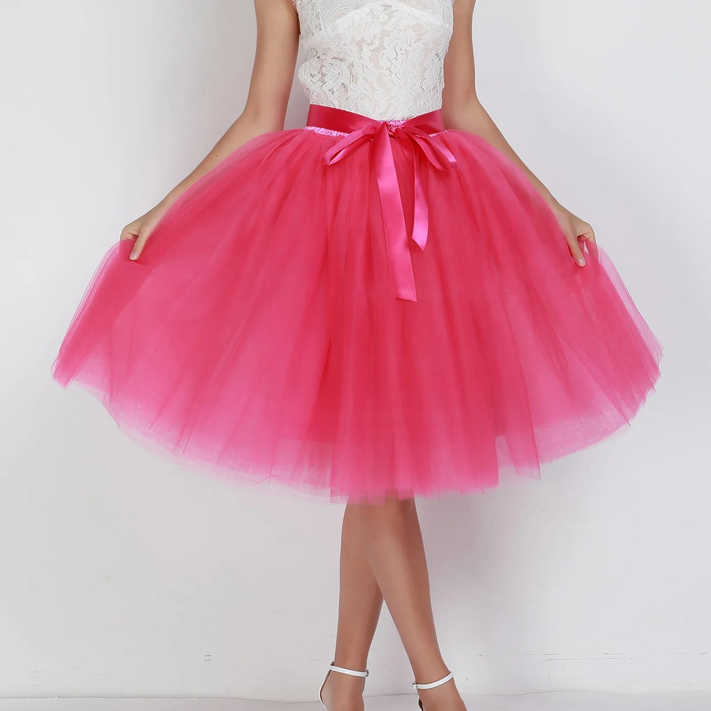 Knee Length Women A-Line Tulle Skirts Lace Up Multi Layered Tulle Petticoat Midi Skirt