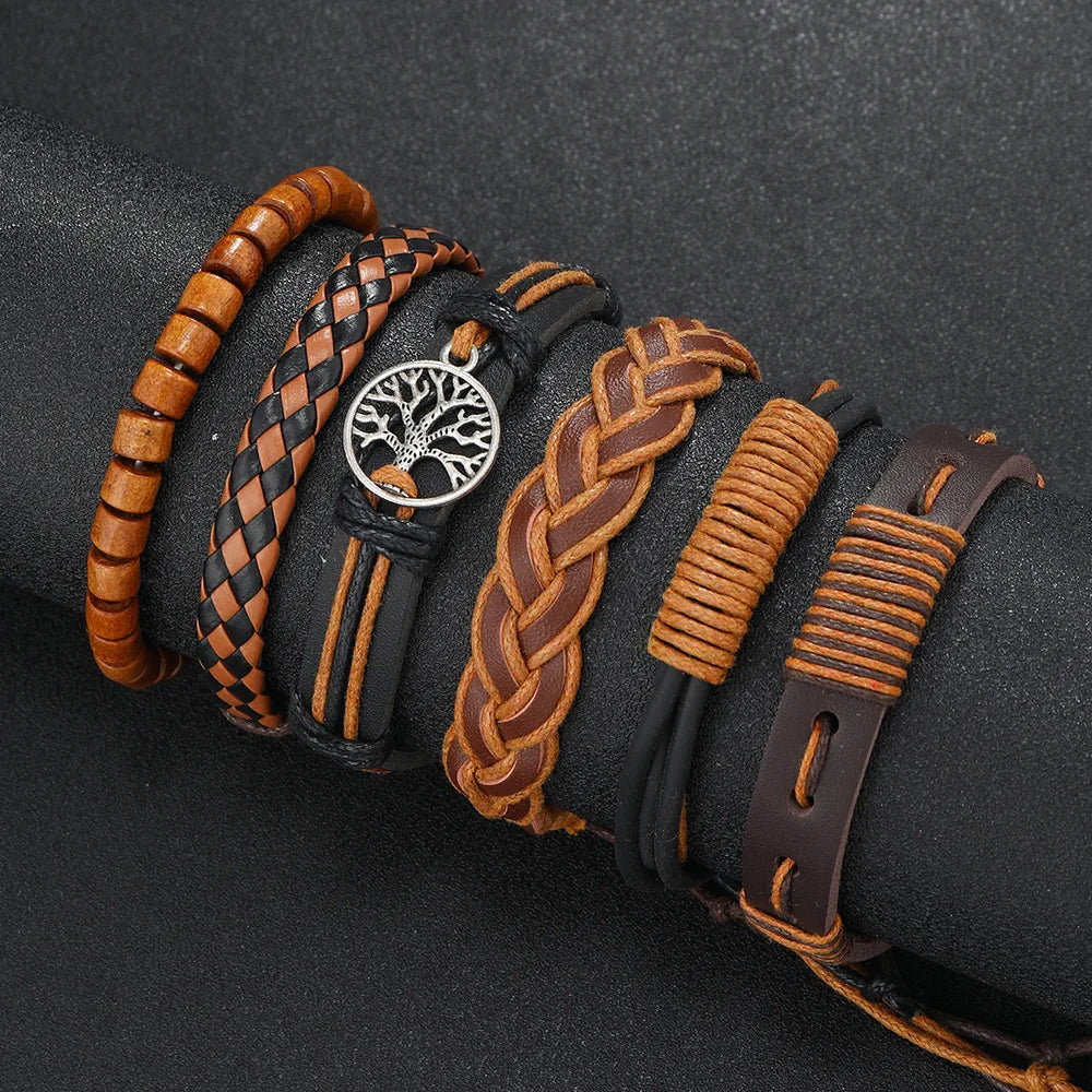 Casual Bead 6 Pc/set Tree Black Khaki Handmade Men Bracelets Male Women Leather Bracelets Men Bangle