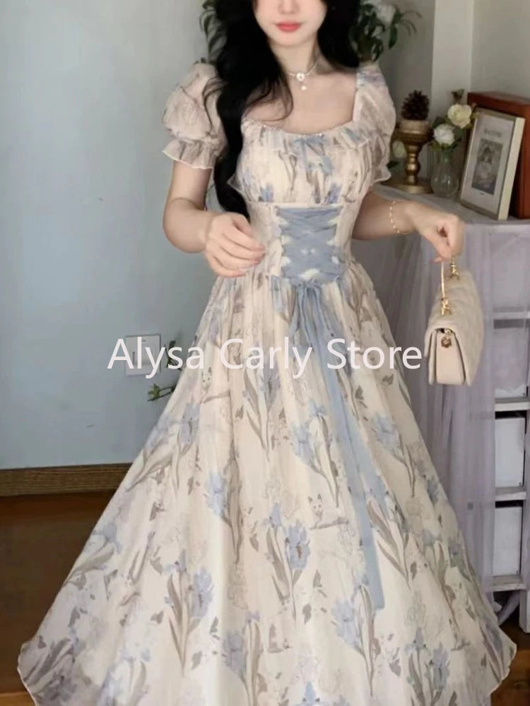 Vintage Floral Midi Dress Ruffles Design Casual  Lace-up