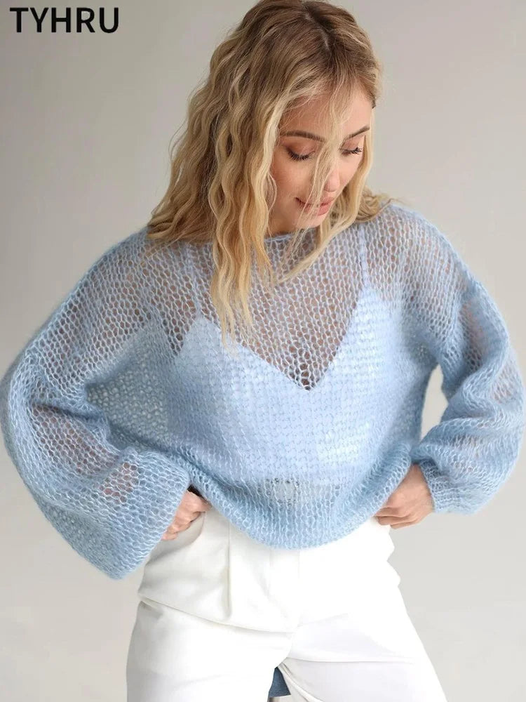 Women's Knitted Sweaters Lady Hollow out Mesh Thin Pullover See Through Look Lantern Sleeve Loose Tops Smock