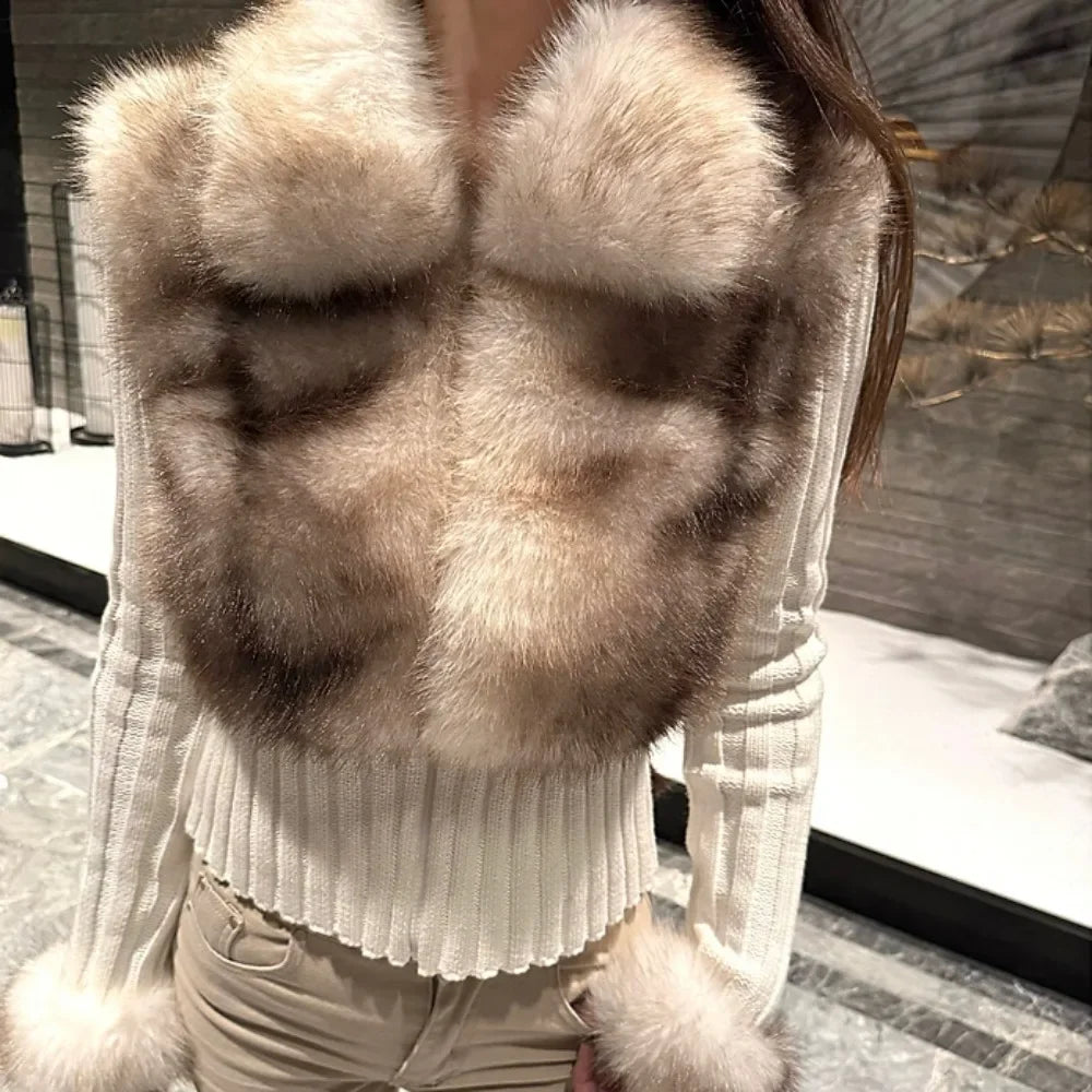 Faux Fur Sweater Crop Cardigan Designer Knitwear Knitted Sweater Women Long Sleeve Cuddly Full Zip Aesthetic Vintage
