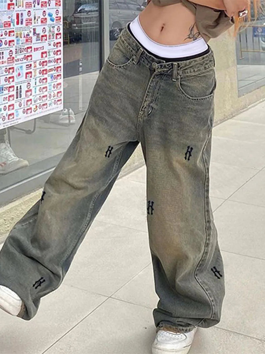 Women s Spring Summer Casual Denim Pants Retro Letter Print Wide Leg Jeans with Pockets