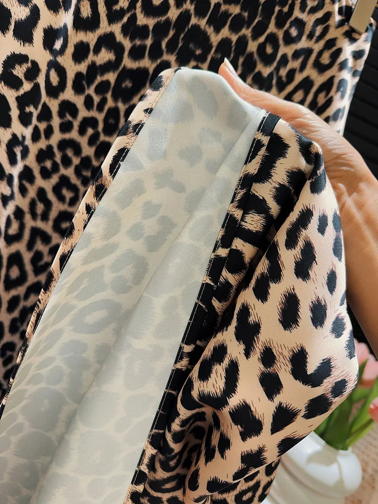 Satin Vintage Leopard  Skirt  A-line Fashion  High Waist  Mermaid Long