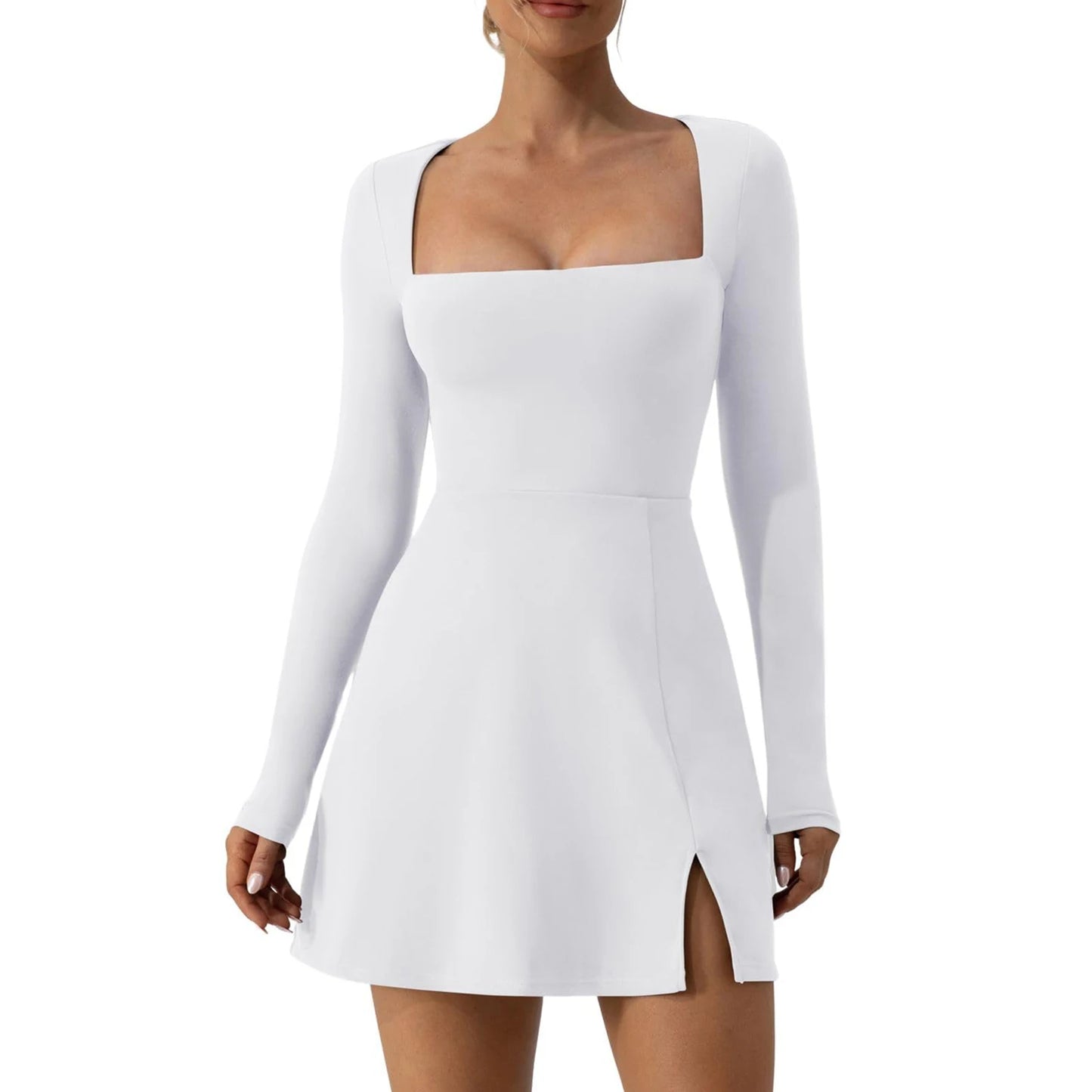 Short Dress Solid Color Long Sleeve Square Neck Split Hem Party Dress