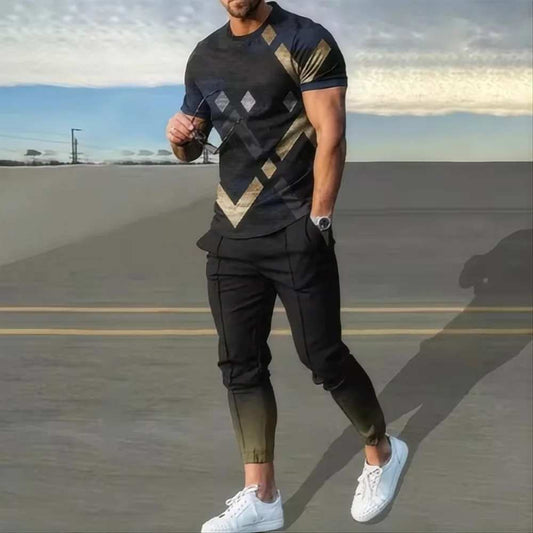 Fashion Men's T-shirt suit sportswear 3D printed sportswear  short sleeved T-shirt long pants  street wear 2-piece set