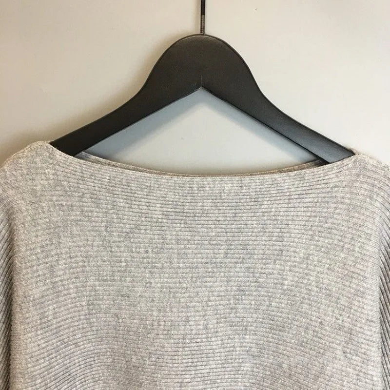 Women's One line Neck Bat Sweater Knitted Pullover Loose and Simple Long Sleeve Solid Color