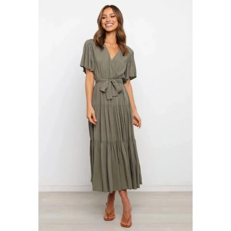 Bohemian V-Neck Short Sleeve Waist-Cinched Dress Skirt Dress