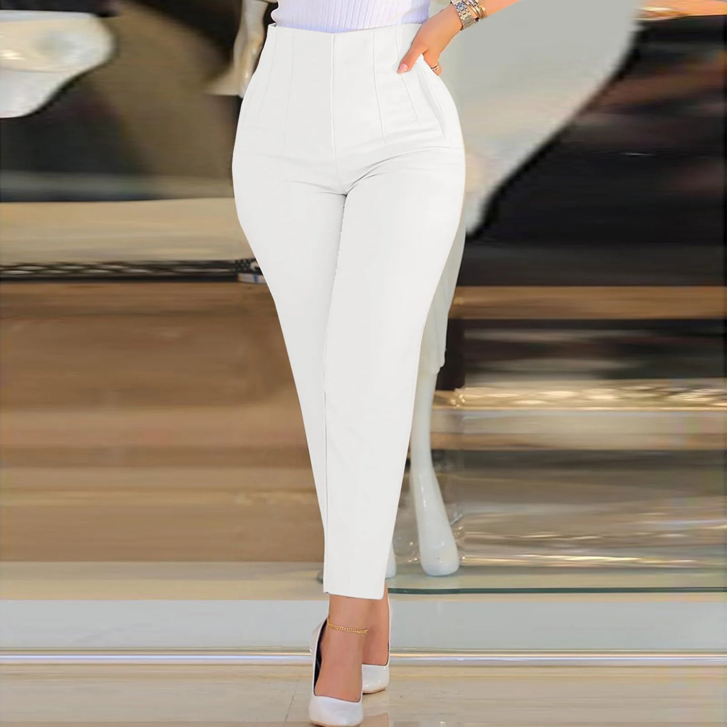 Slim Fit Women Formal Pants High Waist Cropped Trouser Workwear Solid Casual Pocket Elastic Waist Business Pant Womens