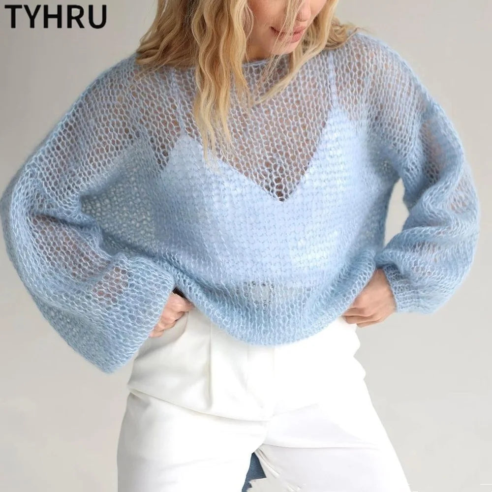 Women's Knitted Sweaters Lady Hollow out Mesh Thin Pullover See Through Look Lantern Sleeve Loose Tops Smock