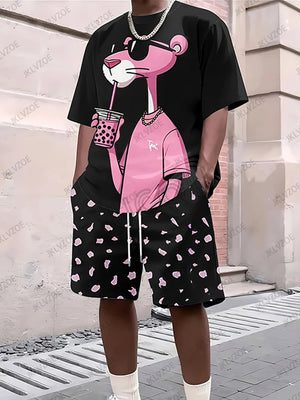 Men's Tracksuit Sets Pink Panther Short Sleeve T-Shirt Suit Casual Suit Sports Streetwear Shorts 2 Piece Male Clothes