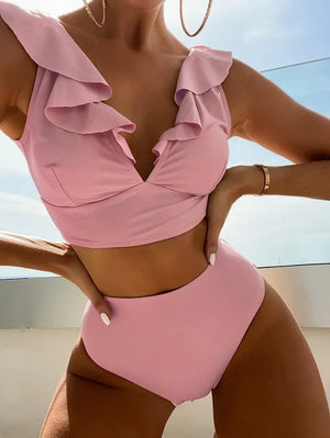 Solid Color V-neck Ruffle Bikini Women 2 Piece Swimwear Push Up Padded High Waist Swimsuit
