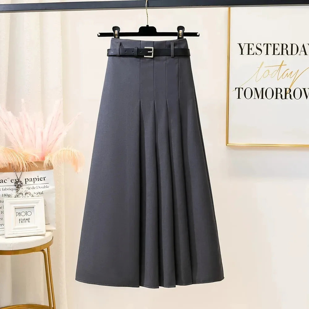 Suit Pleated Long Skirt With Belt  A Line Skirt Streetwear