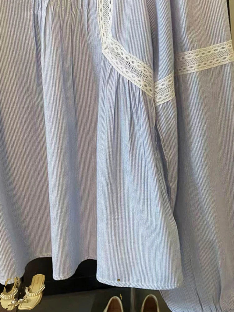 Striped Puff Sleeve Pleated Patchwork Spring Autumn Shirts Casual