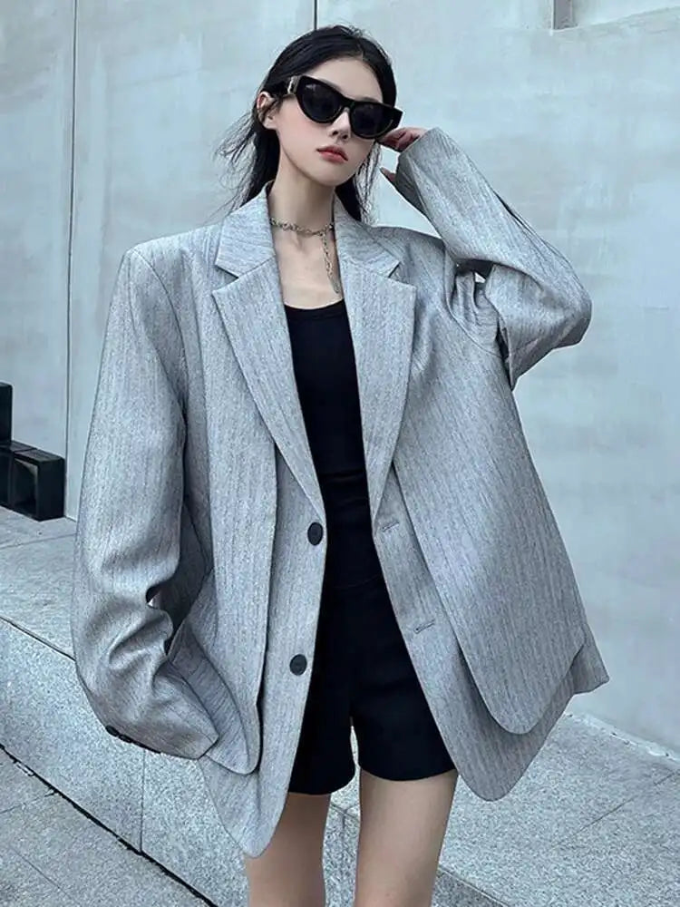 Women Gray Fake Two Pieces Big Size Blazer Lapel Long Sleeve Shoulder Pad Jacket Fashion