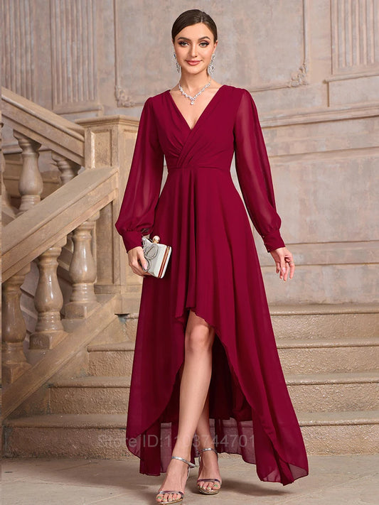 Chiffon Summer Dress A-line  Long Sleeve V-Neck Solid Maxi Dresse