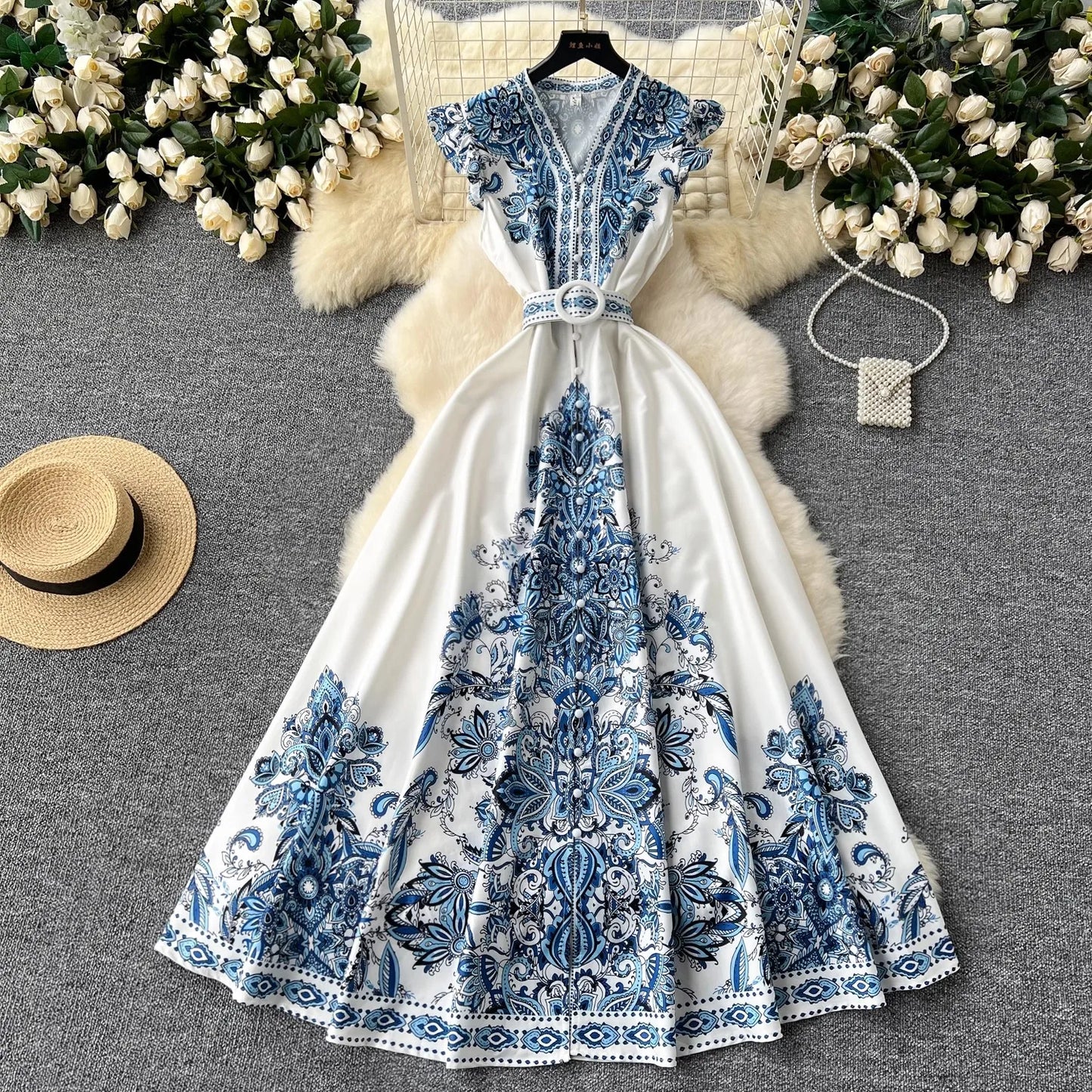 Summer Women Clothing Runway Fashion Paisley Print Flying Sleeve V-Neck Single Breasted Belted Vintage Party Long