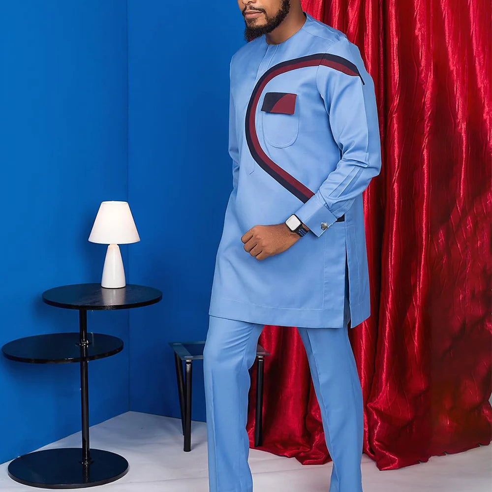 Men's  Wedding 2-Piece Suit Waist Pants Shirt Solid Color Panel Long Sleeve Party African Ethnic Style Clothing