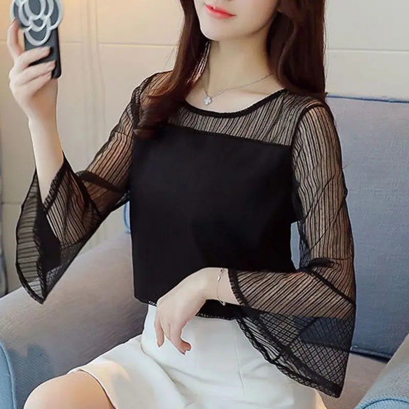 Elegant Solid Color Spliced Loose Flare Sleeve Blouse