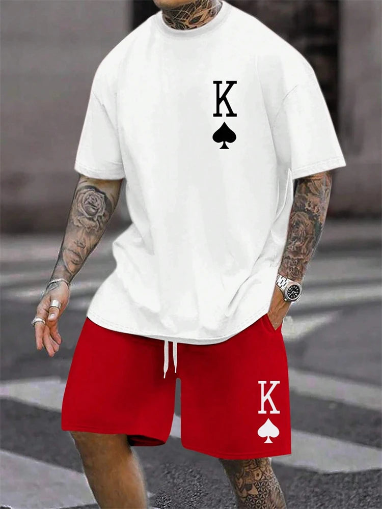 Men's Short Sleeve Shorts Set Fashion King Printed T-Shirt Shorts Sets of Casual Round Neck Breathable Sportswear