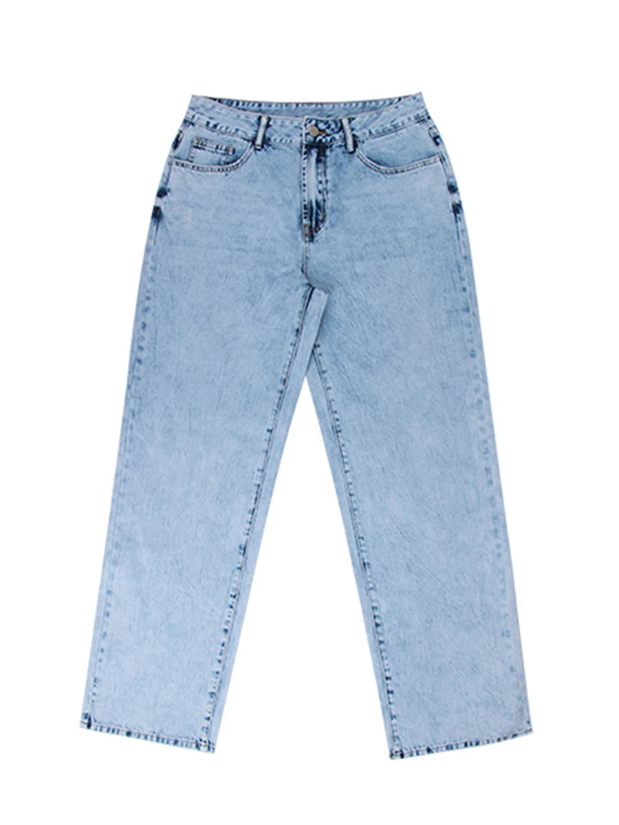 Women s Stylish High Waist Loose Fit Denim Jeans with Classic Straight Leg Design and Functional Pockets