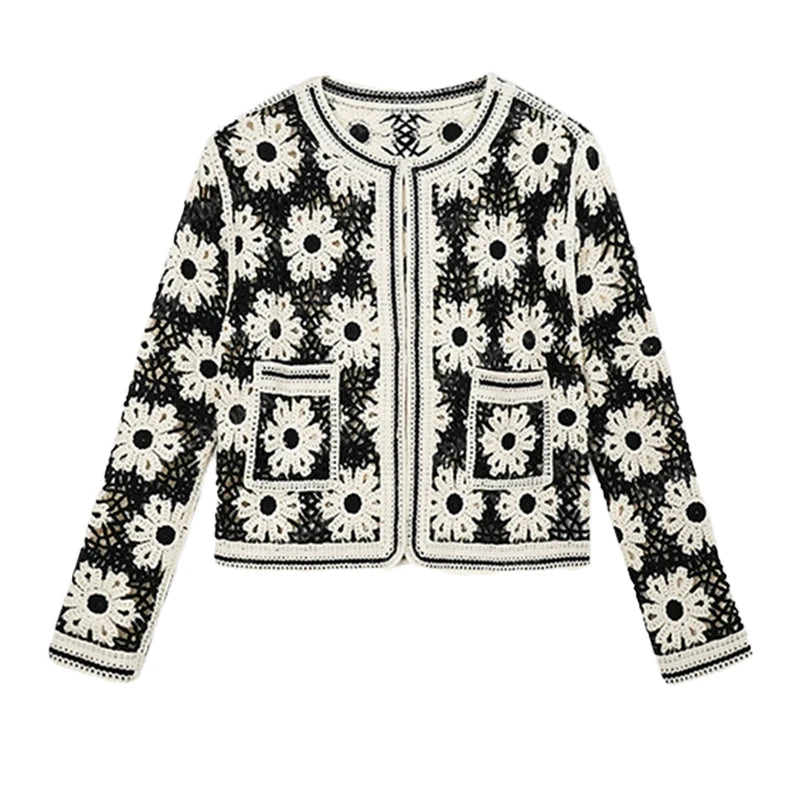 Daisy Crochet Cardigan for Women Openwork Long Sleeve Open Front Knitted Jacket Vintage Festival Outfit