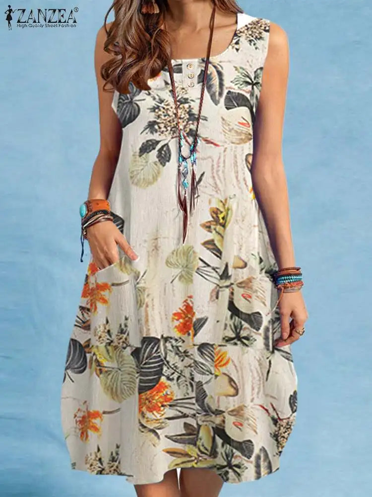 ZANZEA Bohemian Beach Dress Summer Vintage Floral Printed Sundress Women Sleeveless Knee-length