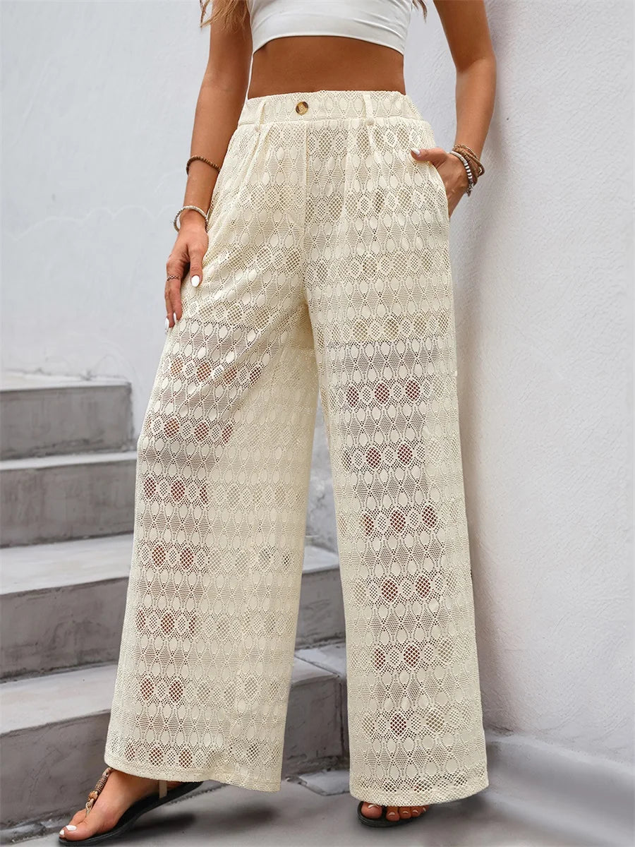 Women s Sheer Lace Palazzo Pants with High Waist and Side Pockets for a Stylish Streetwear Look
