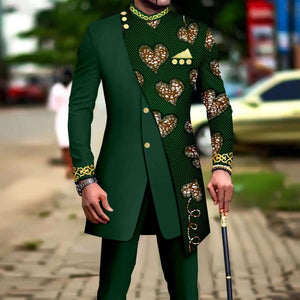 African Style Suits for Men Embroidery Print Blazer and Pants Set Business Dress Suit with Kerchief Party Wedding Evening