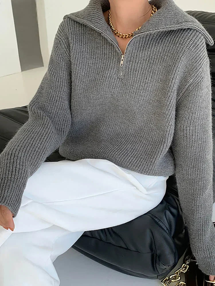 Fashion Women's Turtleneck Zippers Solid Loose Women Sweaters Pullover Long Sleeve Casual Knitted Sweater Woman