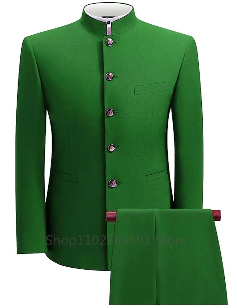 Formal Men's Business 2 Pieces Blazer + Pants Stand Lapel Men's Jacket Flat Suit Slim Fit Coat Groomsmen Party