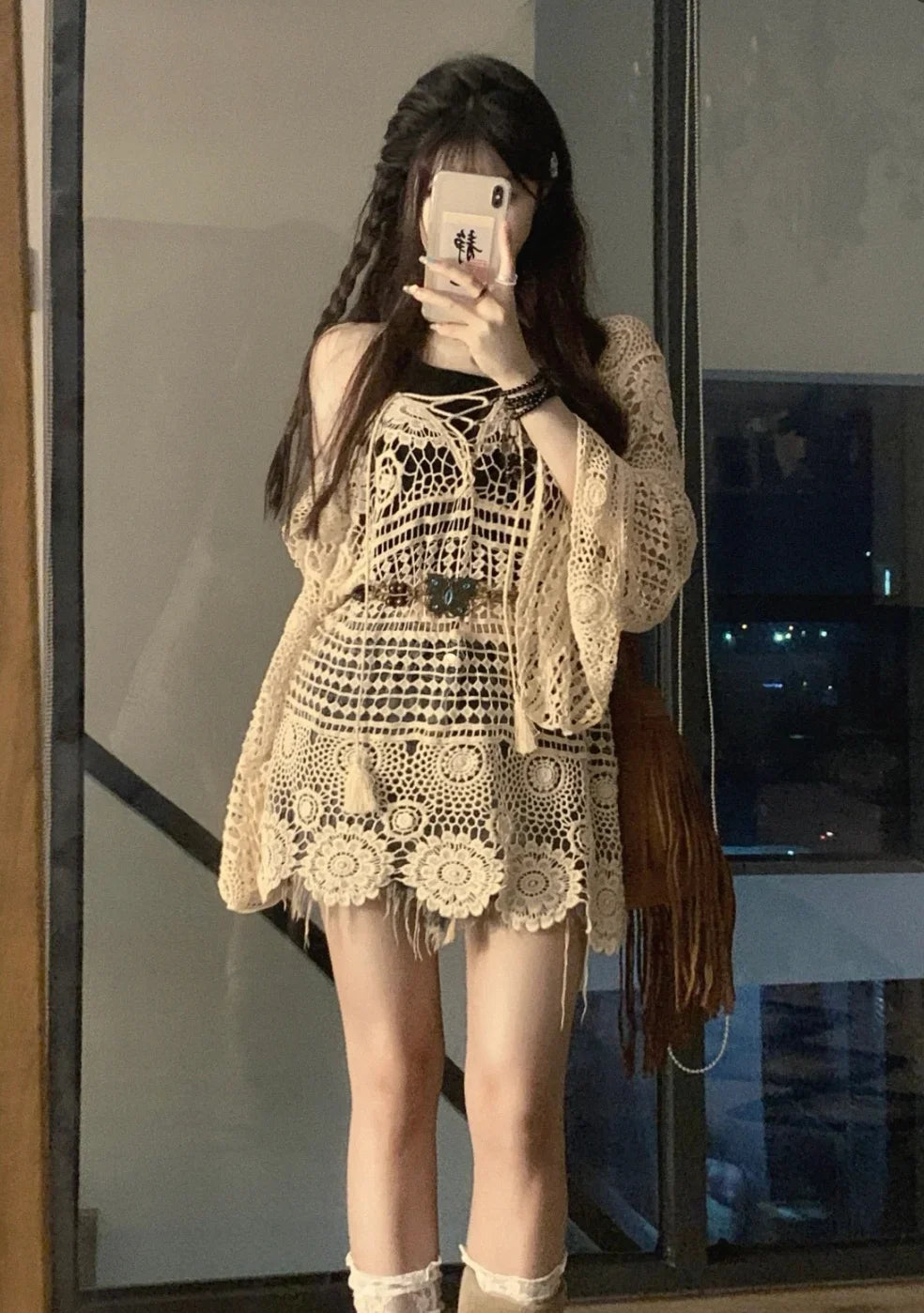 Crochet Tunic Top Boho Women Summer Beach Wear Lantern Sleeve Tassel V-Neck Open Knit Top