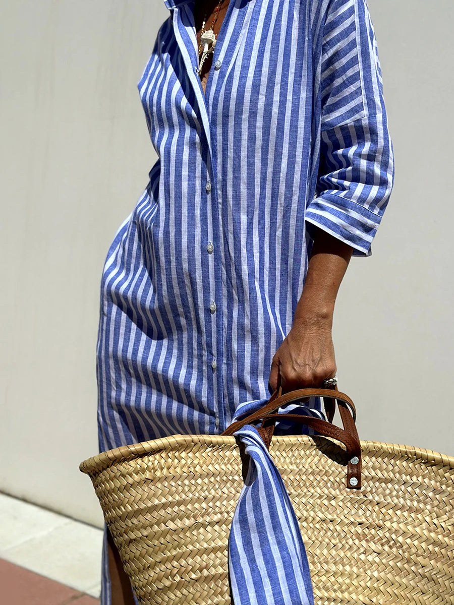 Casual V-Neck Short Sleeve Striped Button Up Midi Dress with Belt and Pockets