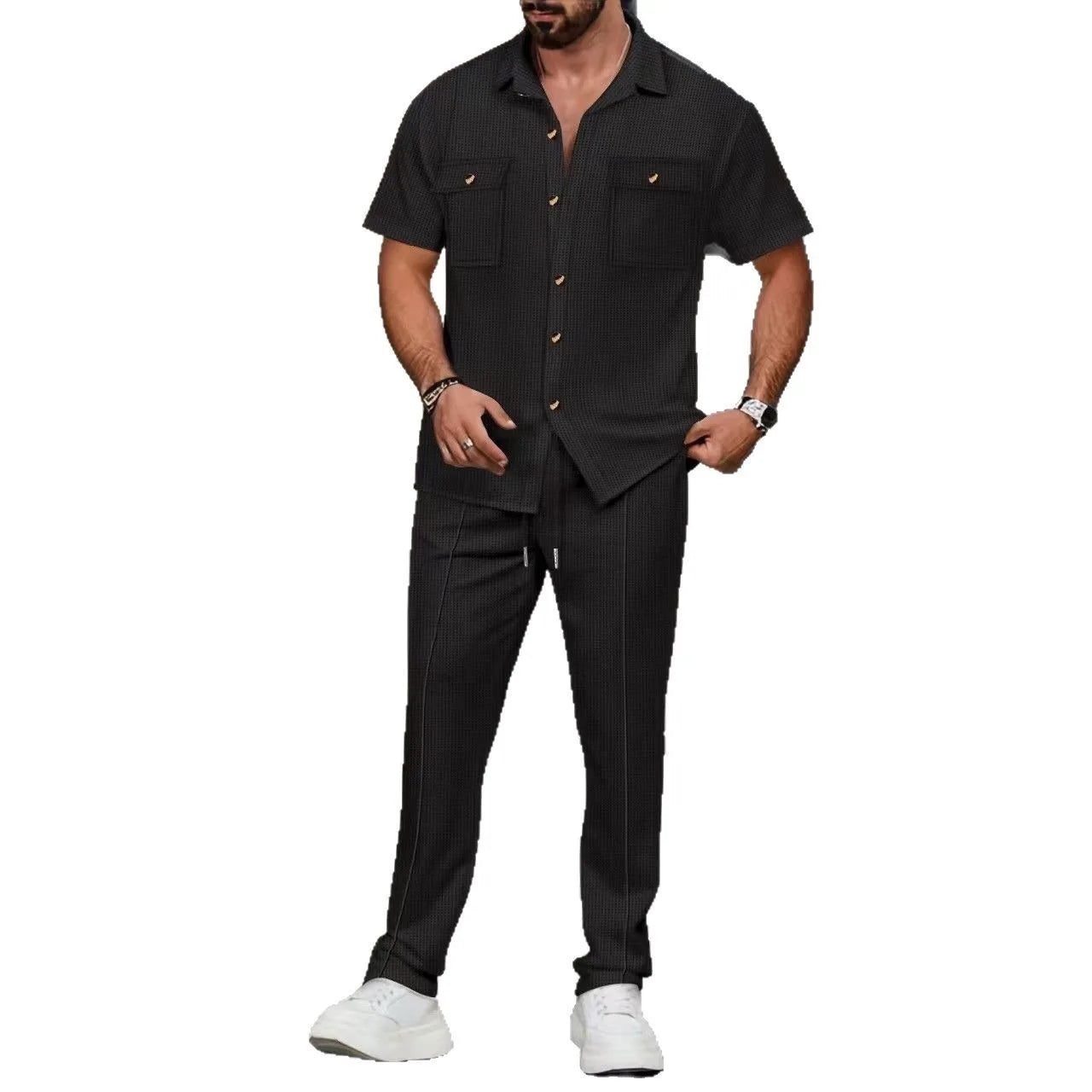 cross-border men's summer new solid color button-up pocket shirt short-sleeved trousers two-piece set