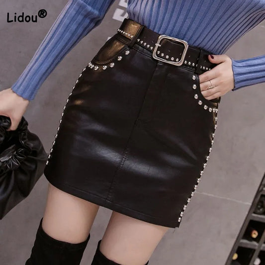 Beading  Leather Skirt Autumn Winter  High Waist