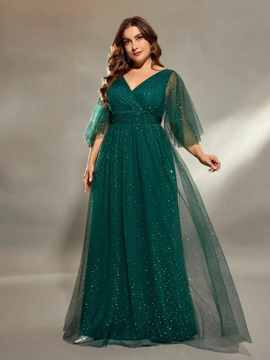 Plus size V-neck cross chest pleats long sleeve fillet netting A full skirt Evening gown Ball dress Prom dress