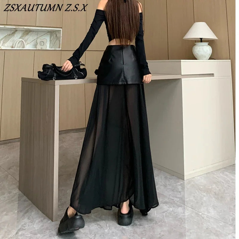Black Leather Skirt Mesh Stitching Leather