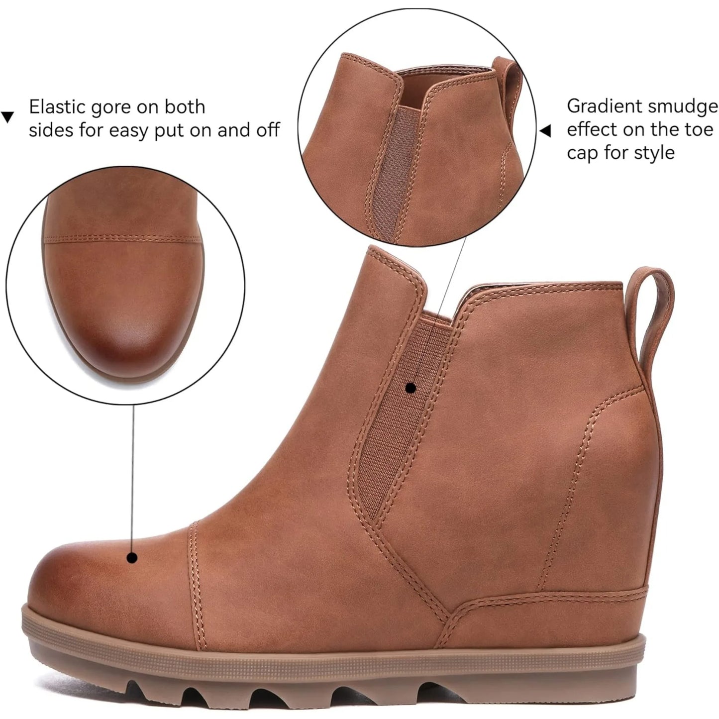 Wedge Ankle Boots Comfort Slip-On Waterproof Leather