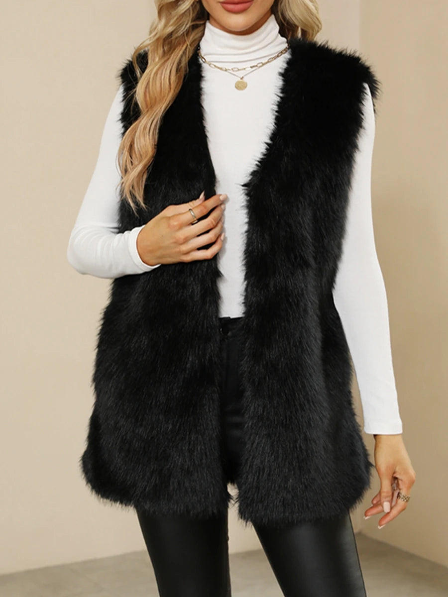 Sleeveless Vest Button-Up Faux Fur Jacket with Solid Color Design for Warmth and Style