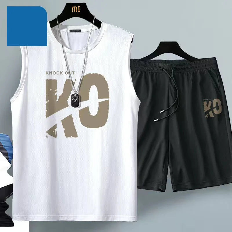 Summer Men Clothing  Breathable fashion Sportswear Basketball suit casual short-sleeved T-shirt + shorts 2-piece
