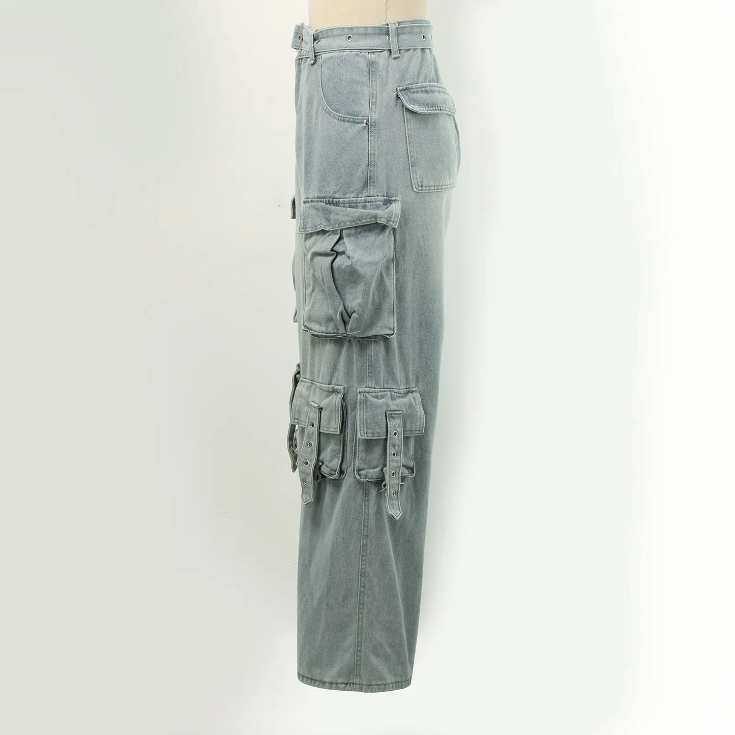 Retro American style Pocket Patchwork Jeans Pants Women Fashion Mid Waist Cargo Pants Baggy Light Blue Distressed Denim Trousers