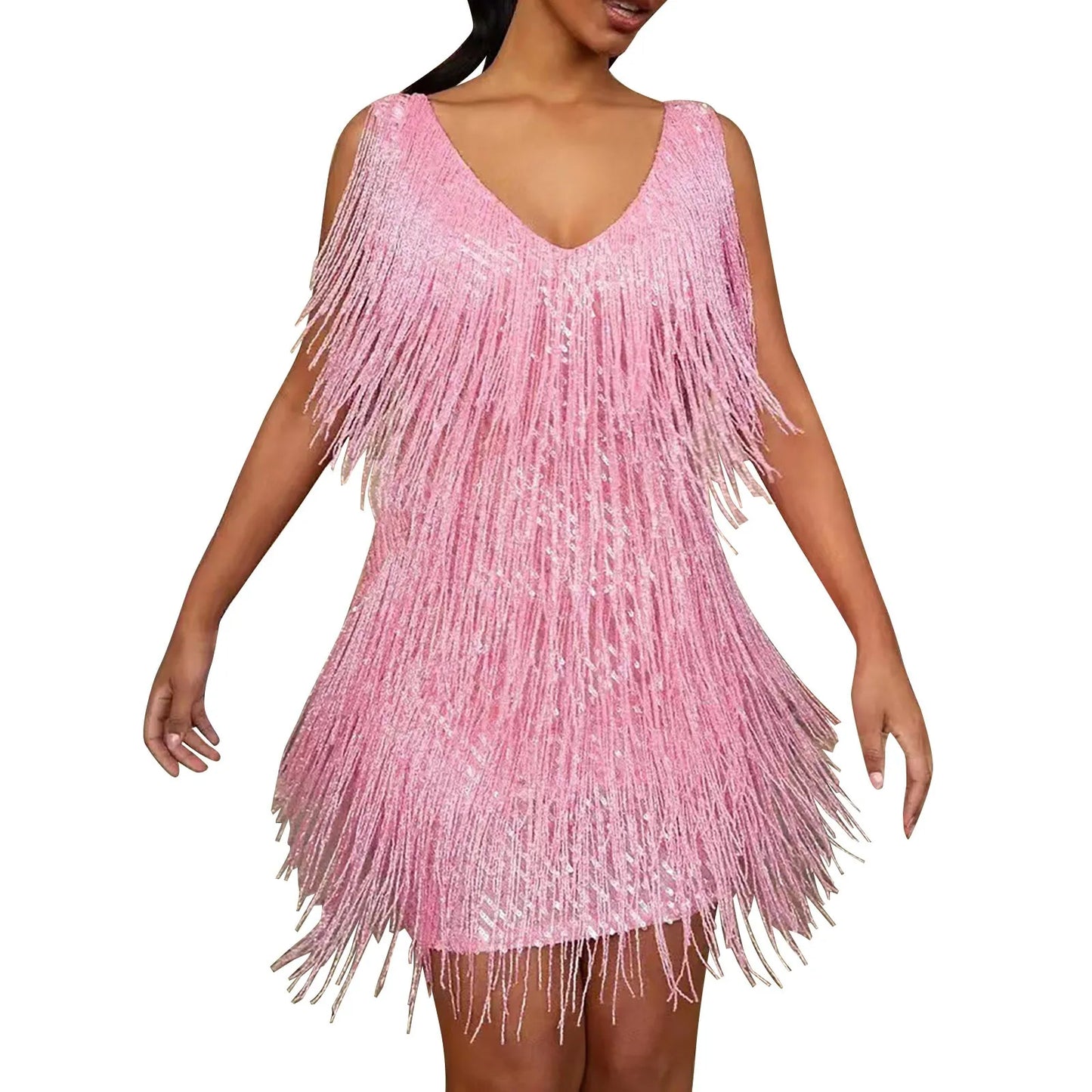Sequin Suspenders Fringe Mini Dress Women  Solid Color Cocktail Party Bodycon Elegant Slings Tassel