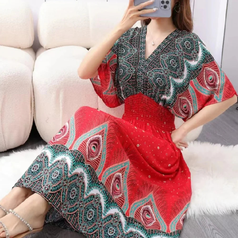 Colorful Flower V-neck Elastic Youthful Bohemian Sweet Midi Dress Woman Clothes Chic Fashion Summer Dresses