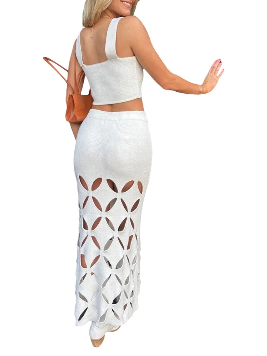 Sleeveless Crop Top and High Waist Ruched Skirt Set for Summer Beachwear and Casual Street Style