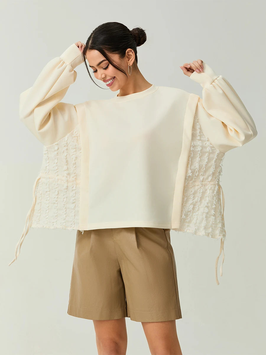 Women’s Oversized Pullover Sweater – Distressed Style, Ribbed Crew Neck, Long Sleeves, White, M
